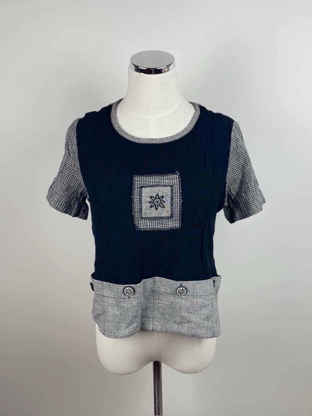 Stonebridge Black Gray Sun Checkered Boho Cottagecore Top Women Medium Vintage